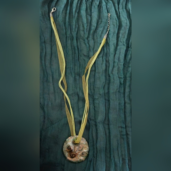 Unique Glass Pendant on String & Ribbon Necklace - Green, Copper Sparkle Swirl - Picture 4 of 6